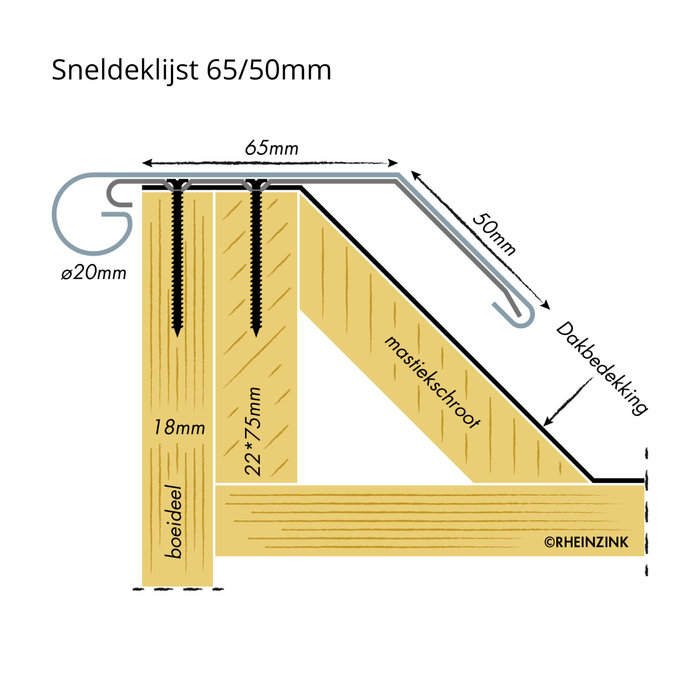 Rheinzink Zinken KliQ-deklijst 135 graden - daktrim - 3 meter (zonder solderen)