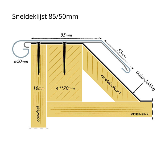 Rheinzink Zinken KliQ-deklijst 135 graden - daktrim - 3 meter (zonder solderen)