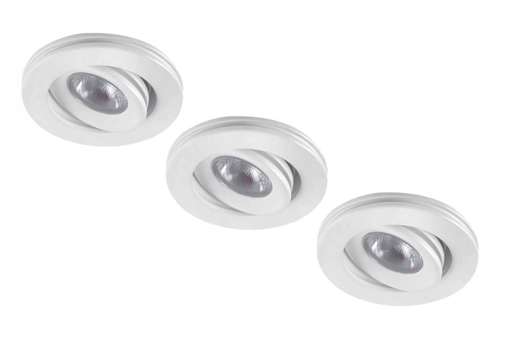 Set van 3 stuks dimbare mini inbouwLEDspot, warm wit, 1x3W Kantelbaar IP44 WIT