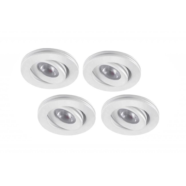 Set van 4 stuks dimbare mini inbouwLEDspot, warm wit, 1x3W Kantelbaar IP44 WITTE uitvoering