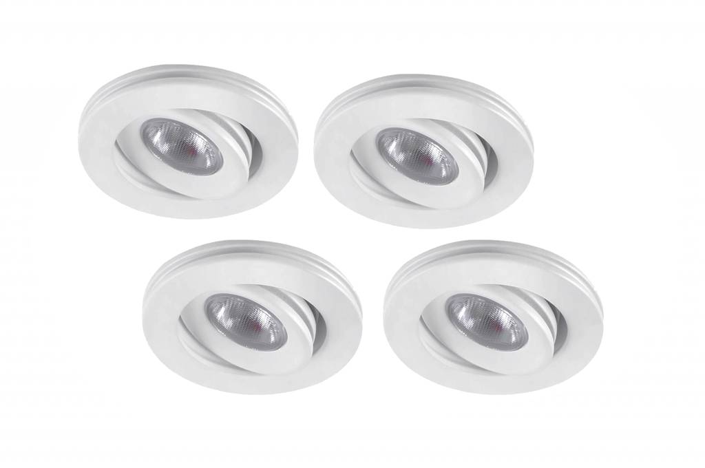Set van 4 stuks dimbare mini inbouwLEDspot, warm wit, 1x3W Kantelbaar IP44 WIT