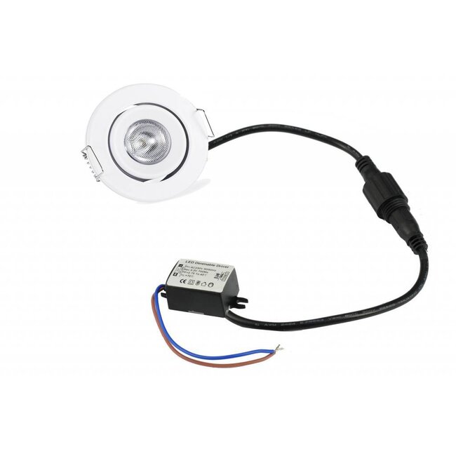 Set van 6 stuks dimbare mini inbouwLEDspot, warm wit, 1x3W Kantelbaar IP44 WITTE uitvoering