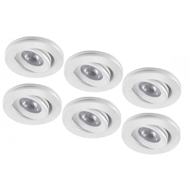 Set van 6 stuks dimbare mini inbouwLEDspot, warm wit, 1x3W Kantelbaar IP44 WITTE uitvoering