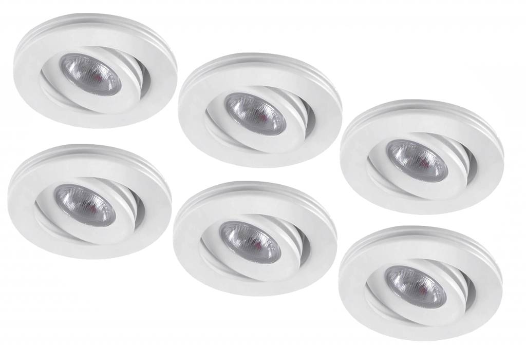 Set van 6 stuks dimbare mini inbouwLEDspot, warm wit, 1x3W Kantelbaar IP44 WIT