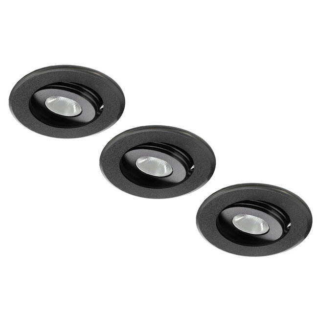Set van 3 stuks dimbare mini inbouwLEDspot, warm wit, 1x3W Kantelbaar IP44 ZWARTE uitvoering