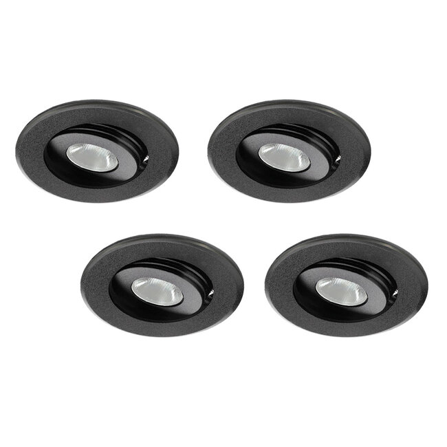 Set van 4 stuks dimbare mini inbouwLEDspot, warm wit, 1x3W Kantelbaar IP44 ZWARTE uitvoering