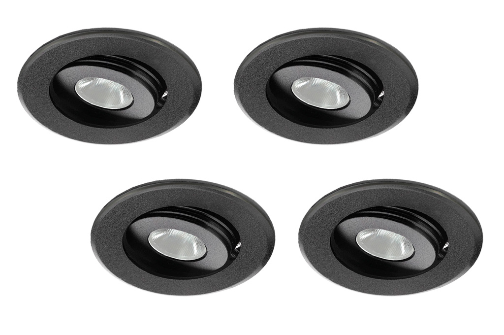 Set van 4 dimbare mini inbouwLEDspot, warm wit, 1x3W Kantelbaar IP44, ZWART