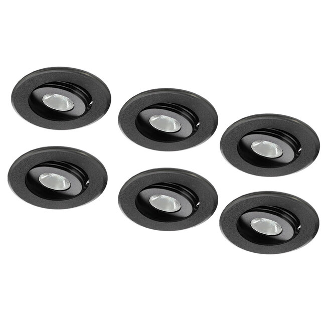 Set van 6 stuks dimbare mini inbouwLEDspot, warm wit, 1x3W Kantelbaar IP44 ZWARTE uitvoering