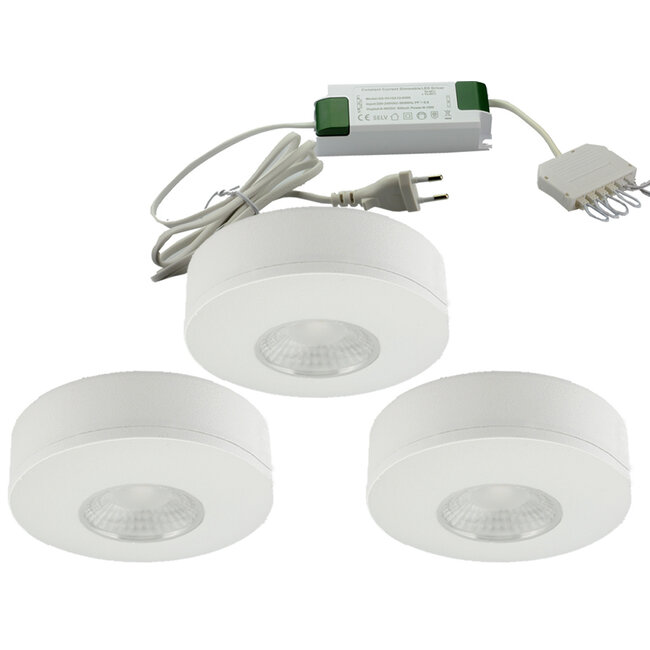 Set van 3 Cabinet Led Opbouwspot warm wit, witte uitvoering IP44, dimbaar