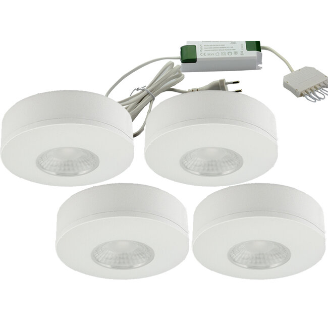 Set van 4 Cabinet Led Opbouwspot warm wit, witte uitvoering IP44, dimbaar