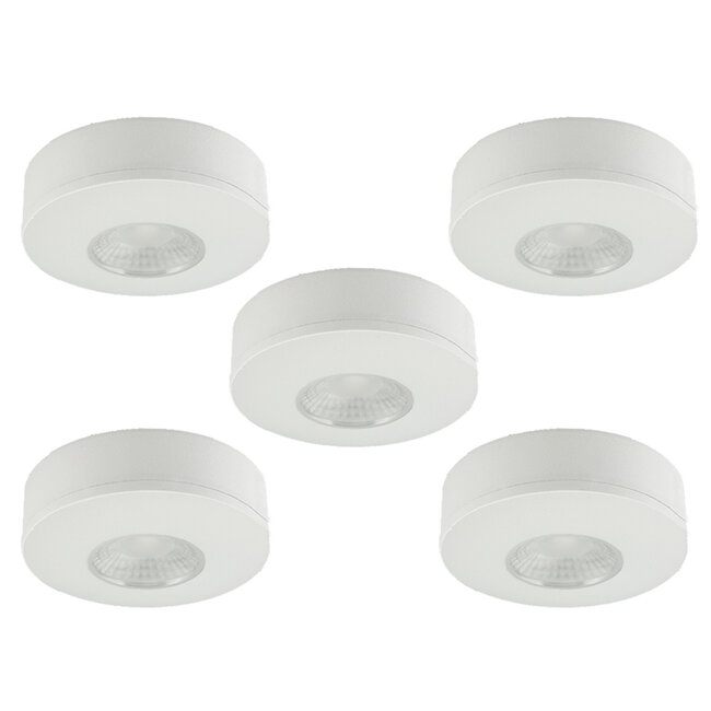 Set van 5 Cabinet Led Opbouwspot warm wit, witte uitvoering IP44, dimbaar