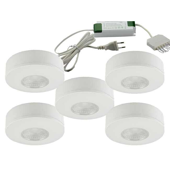 Set van 5 Cabinet Led Opbouwspot warm wit, witte uitvoering IP44, dimbaar