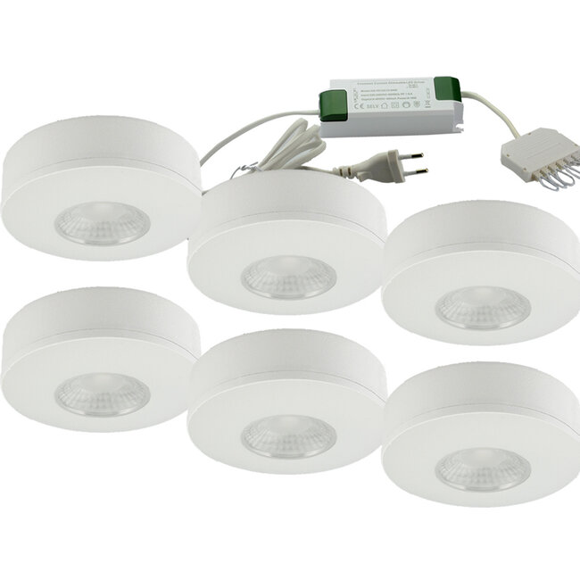 Set van 6 Cabinet Led Opbouwspot warm wit, witte uitvoering IP44, dimbaar