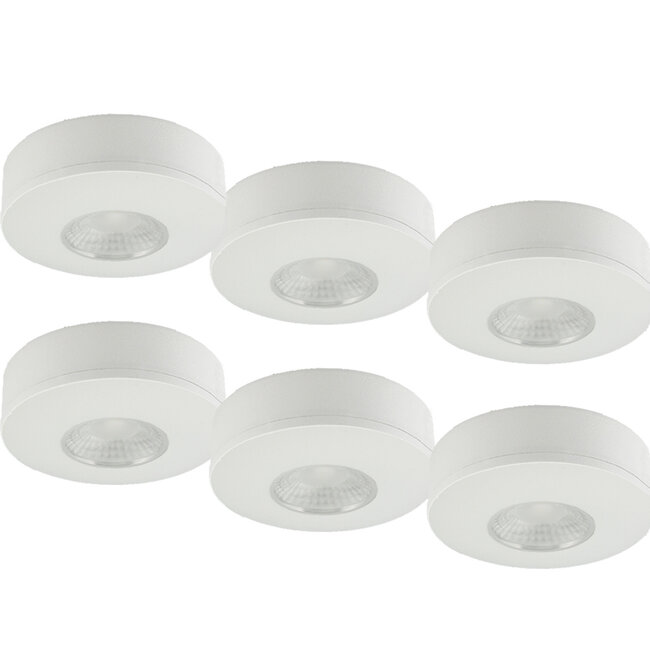 Set van 6 Cabinet Led Opbouwspot warm wit, witte uitvoering IP44, dimbaar
