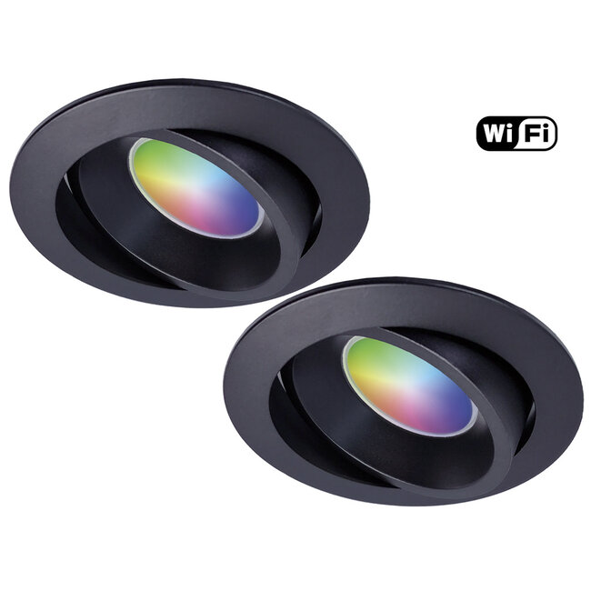 Ansell Set van 2 stuks Zwarte Wifi. RGB en dimtone inbouwspots, 5,5 W. Dimbaar via app of afstandsbediening