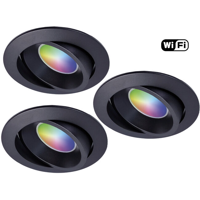 Ansell Set van 3 stuks Zwarte Wifi. RGB en dimtone inbouwspots, 5,5 W. Dimbaar via app of afstandsbediening