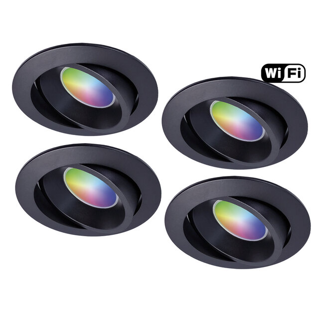 Ansell Set van 4 stuks Zwarte Wifi. RGB en dimtone inbouwspots, 5,5 W. Dimbaar via app of afstandsbediening