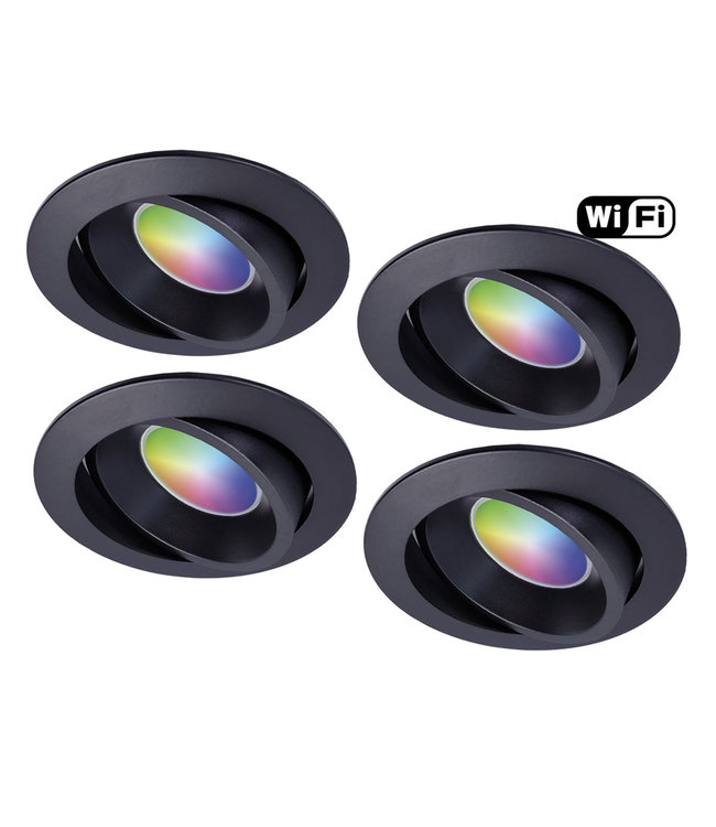 4Lite Set van 4 stuks Zwarte Wifi. RGB en dimtone spots, 5,5 W. Dimbaar via app.