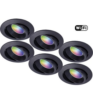 4Lite Set van 6 stuks Zwarte Wifi. RGB en dimtone spots, 5,5 W. Dimbaar via app.