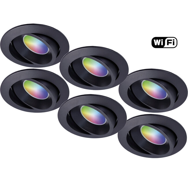 Ansell Set van 6 stuks Zwarte Wifi. RGB en dimtone inbouwspots, 5,5 W. Dimbaar via app of afstandsbediening