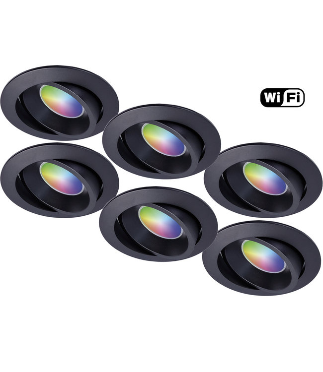 4Lite Set van 6 stuks Zwarte Wifi. RGB en dimtone spots, 5,5 W. Dimbaar via app.