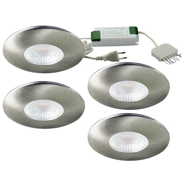Set van 4 Cabinet Led Inbouwspots warm wit, in rvs kleur IP44, dimbaar