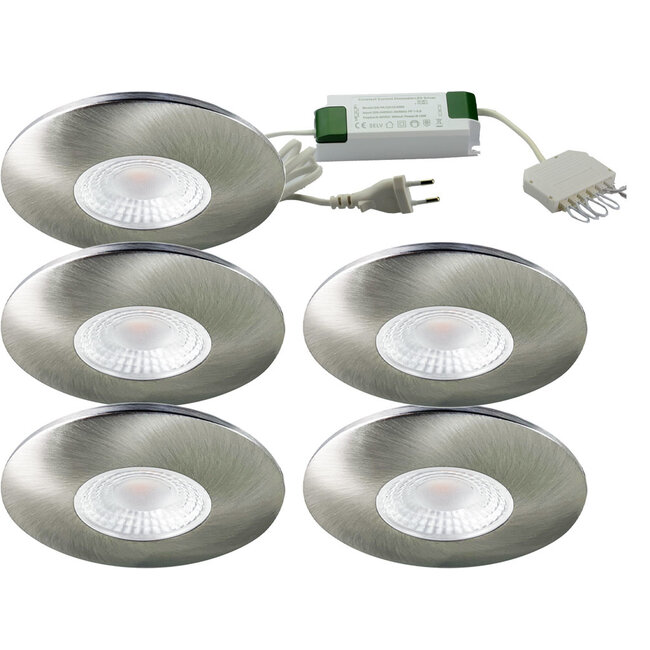 Set van 5 Cabinet Led Inbouwspots warm wit, in rvs kleur IP44, , dimbaar