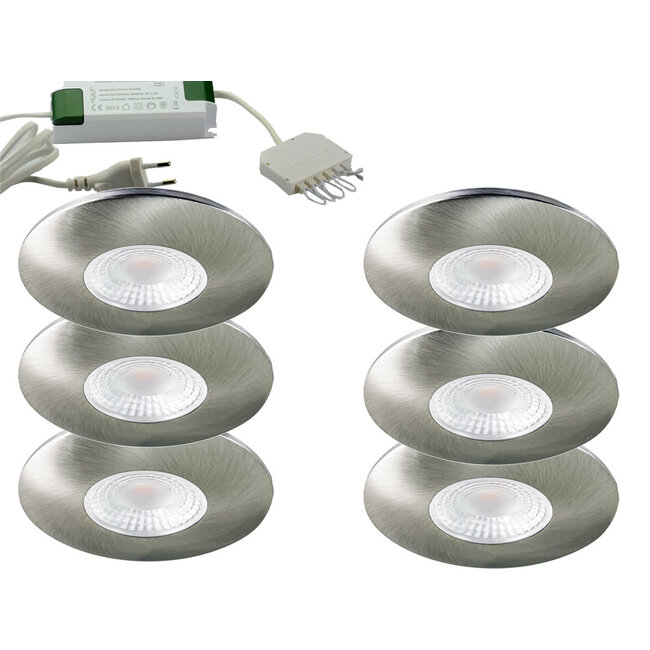 Set van 6 Cabinet Led Inbouwspots warm wit, in rvs kleur IP44, dimbaar
