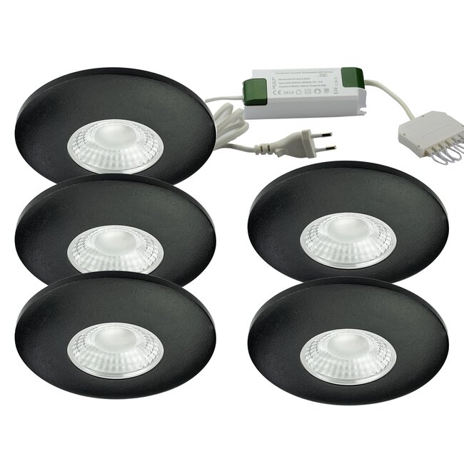 Set van 5 Cabinet Led Inbouwspots warm wit, zwarte uitvoering IP44, dimbaar