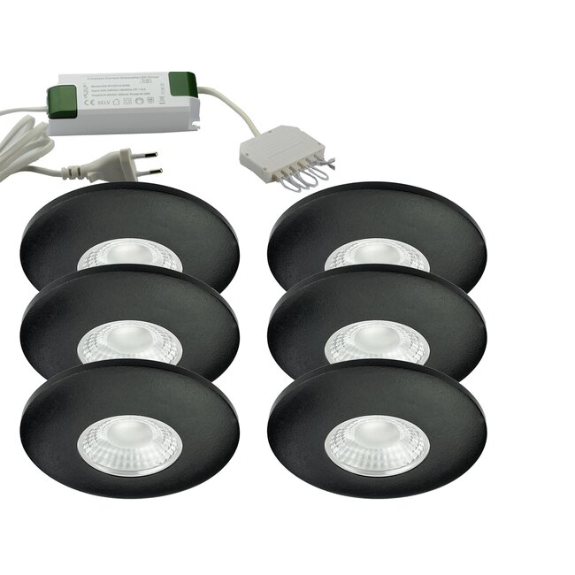 Set van 6 Cabinet Led Inbouwspots warm wit, zwarte uitvoering IP44, dimbaar