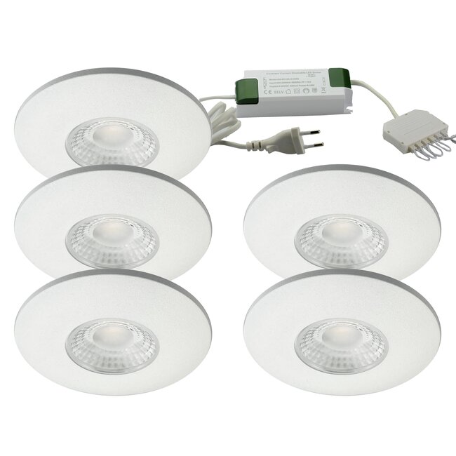 Set van 5 Cabinet Led Inbouwspots warm wit, witte uitvoering IP44, dimbaar