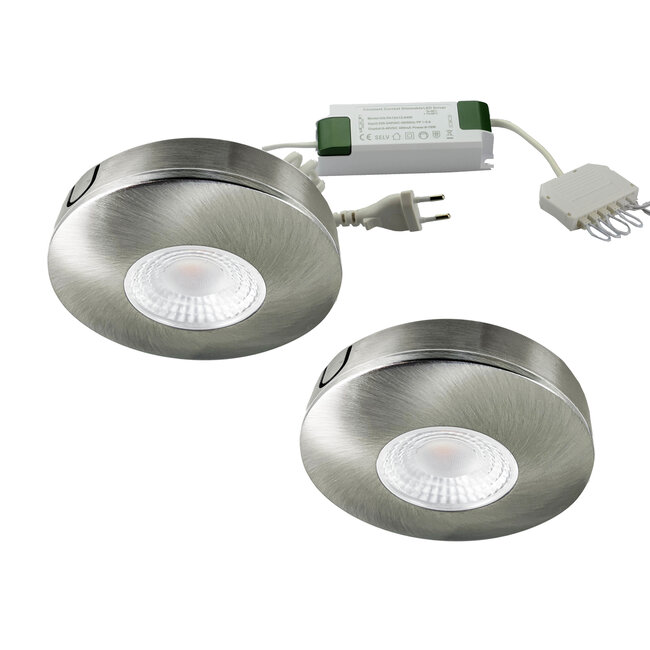 Set van 2 Cabinet Led opbouwspot warm wit, rvs uitvoering IP44, Dimbaar
