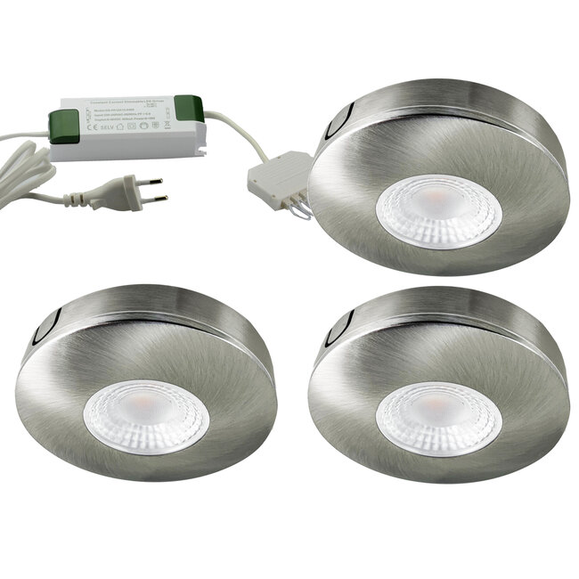 Set van 3 Cabinet Led opbouwspot warm wit, rvs uitvoering IP44 , dimbaar