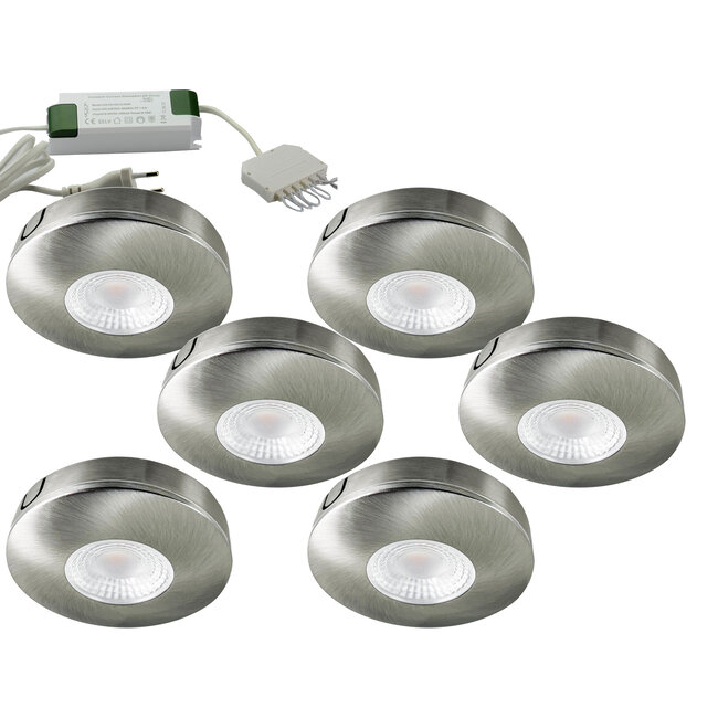 Set van 6 Cabinet Led opbouwspot warm wit, rvs uitvoering IP44 , dimbaar