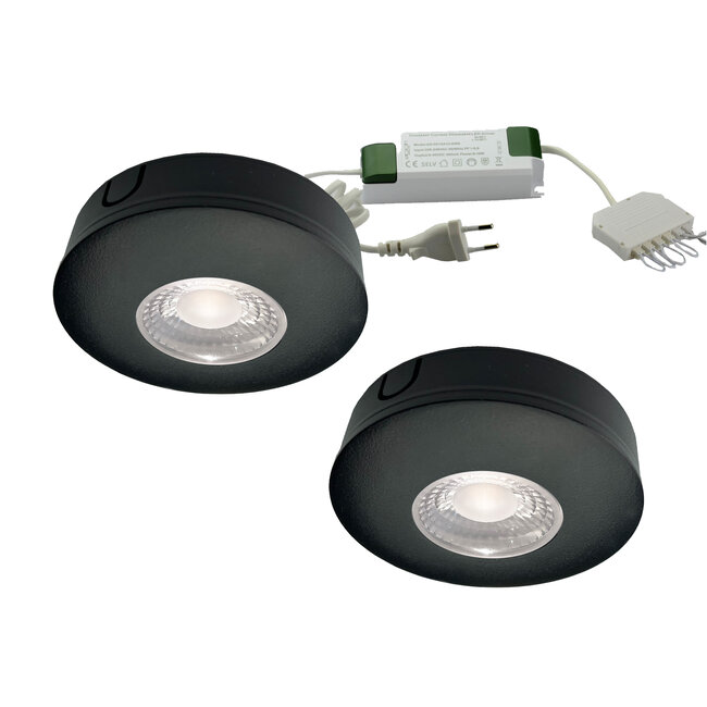 Set van 2 Cabinet Led Opbouwspot warm wit, zwarte uitvoering IP44, dimbaar