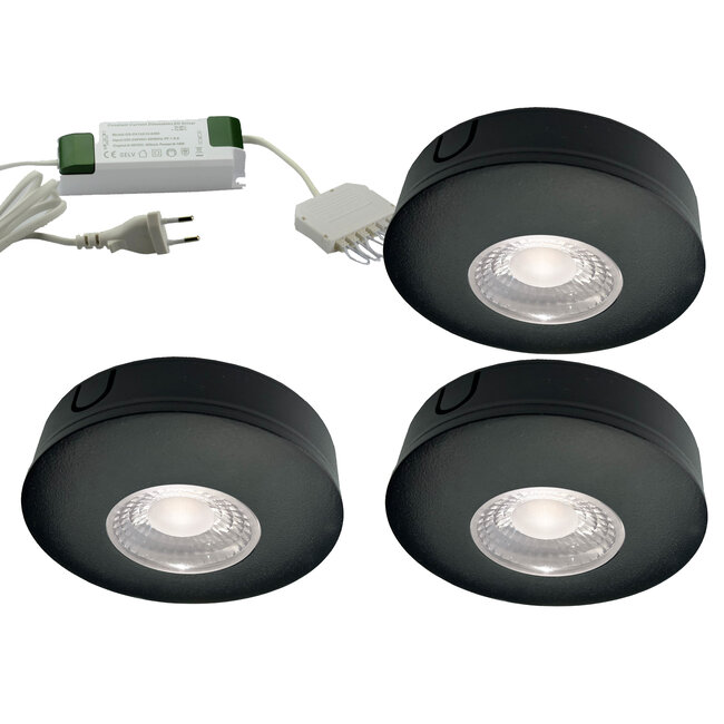Set van 3 Cabinet Led Opbouwspot warm wit, zwarte uitvoering IP44, dimbaar