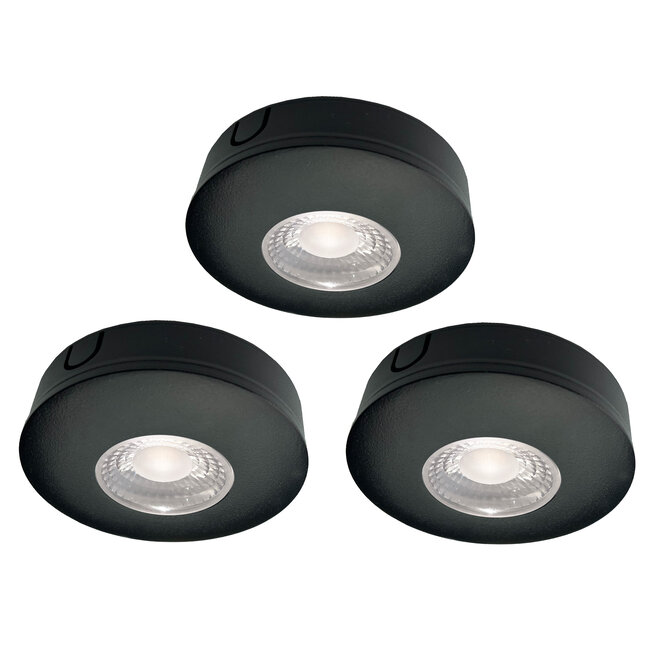 Set van 3 Cabinet Led Opbouwspot warm wit, zwarte uitvoering IP44, dimbaar