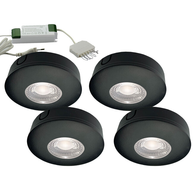 Set van 4 Cabinet Led Opbouwspot warm wit, zwarte uitvoering IP44, dimbaar
