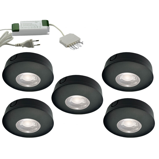 Set van 5 Cabinet Led Opbouwspot warm wit, zwarte uitvoering IP44, dimbaar