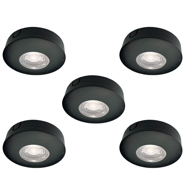 Set van 5 Cabinet Led Opbouwspot warm wit, zwarte uitvoering IP44, dimbaar