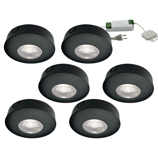 Set van 6 Cabinet Led Opbouwspot warm wit, zwarte uitvoering IP44, dimbaar