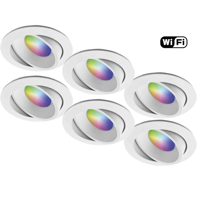Ansell Set van 6 stuks Witte Wifi. RGB en dimtone inbouwspots, 5,5 W. Dimbaar via app of afstandsbediening