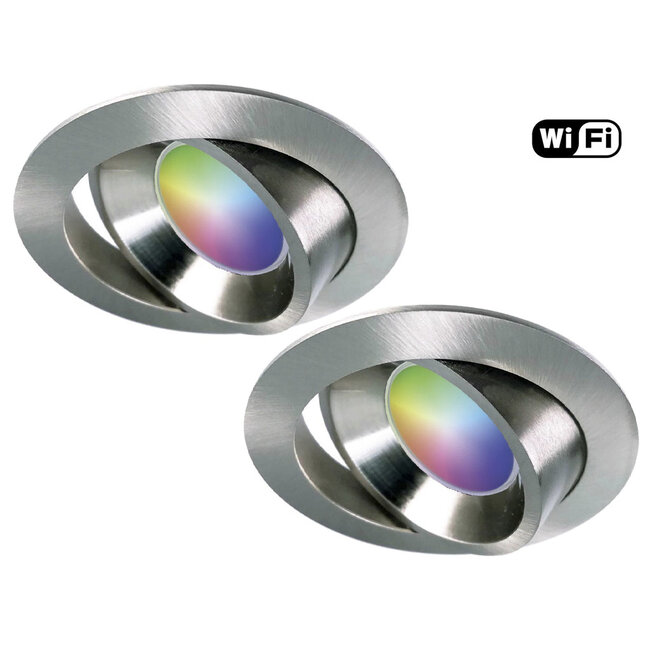 Ansell Set van 2 stuks RVS Wifi. RGB en dimtone inbouwspots, 5,5 W. Dimbaar via app of afstandsbediening