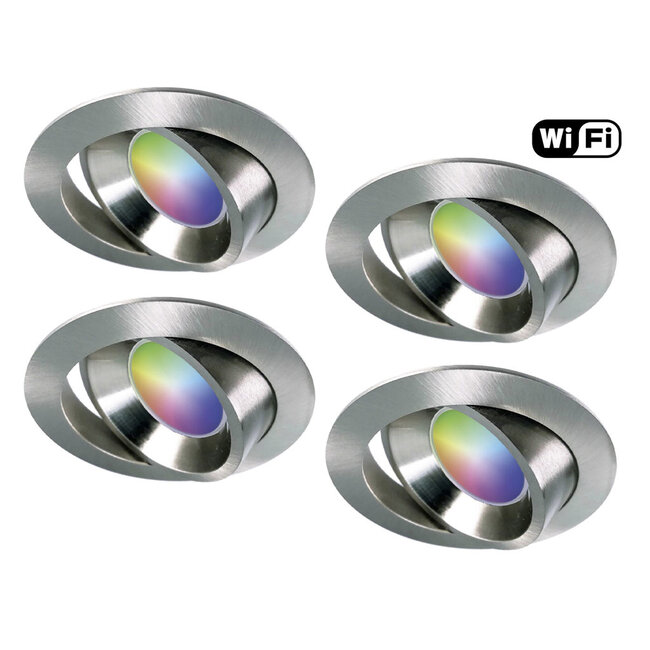 Ansell Set van 4 stuks RVS Wifi. RGB en dimtone inbouwspots, 5,5 W. Dimbaar via app of afstandsbediening