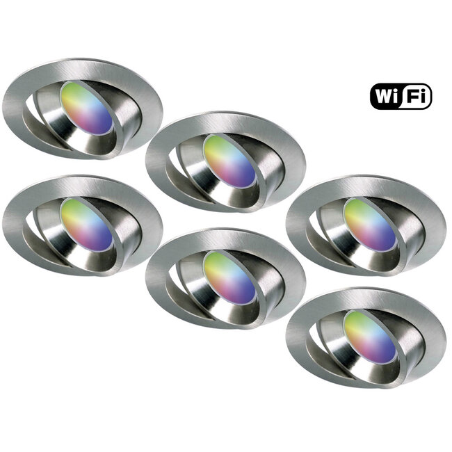 Ansell Set van 6 stuks RVS Wifi. RGB en dimtone inbouwspots, 5,5 W. Dimbaar via app of afstandsbediening