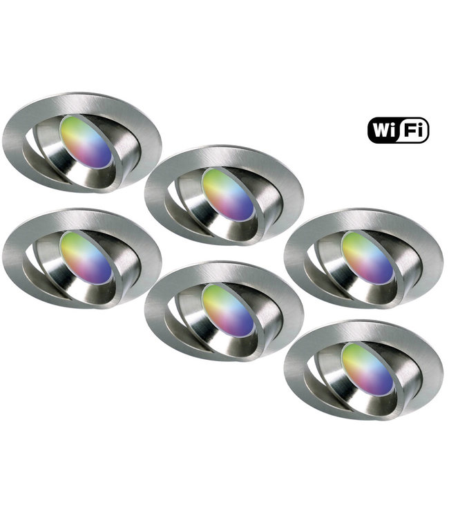 4Lite Set van 6 stuks RVS Wifi. RGB en dimtone spots, 5,5 W. Dimbaar via app