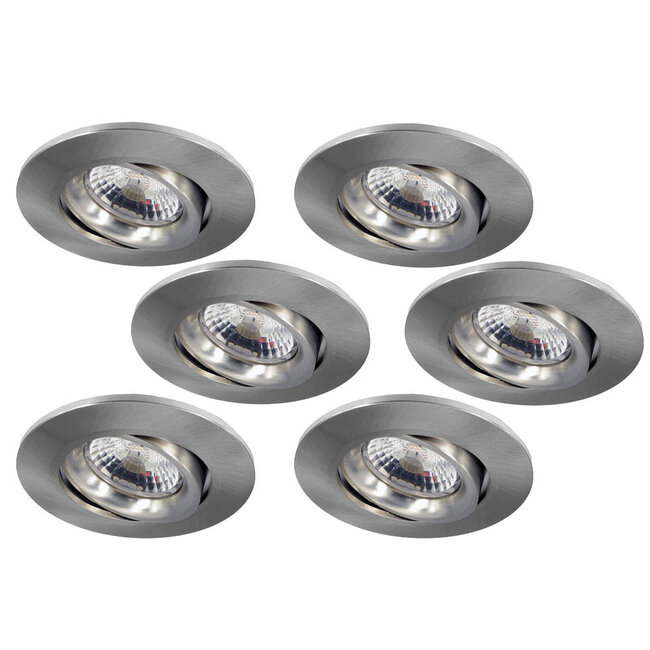 Set van 6 stuks Inbouw LEDspot Parijs, Warm wit licht, dimbaar, 8 Watt, kantelbaar, RVS