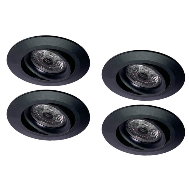 Set van 4 stuks Inbouw LEDspot Parijs, Warm wit licht, dimbaar, 8 Watt, kantelbaar, Zwart