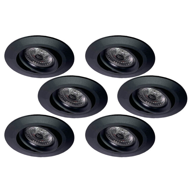 Set van 6 stuks Inbouw LEDspot Parijs, Warm wit licht, dimbaar, 8 Watt, kantelbaar, Zwart