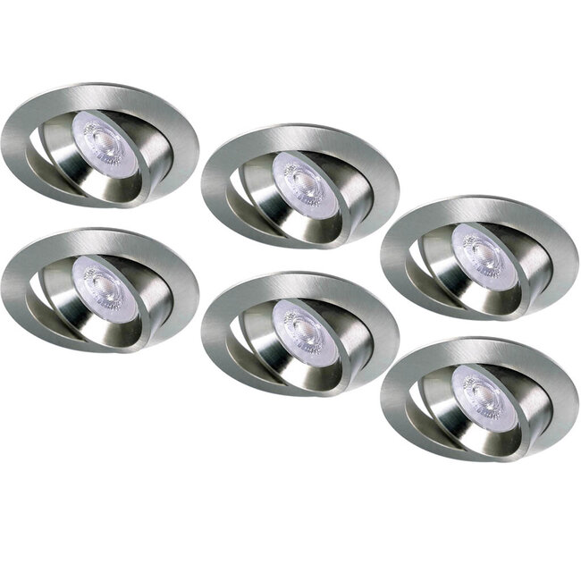 Set van 6 RVS LED inbouwspots BRUGGE 5W dimbaar, kantelbaar, warmwit licht.
